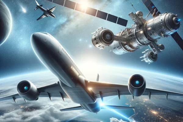 DALL·E 2024-06-06 16.34.23 - An image depicting the aerospace field with a focus on both aviation and space exploration. The image features a modern airplane flying in the sky and