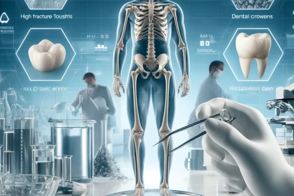 DALL·E 2024-06-06 16.44.50 - A realistic image depicting the biomedical applications of zirconia (zirconium dioxide). The image shows a detailed human figure with a visible skelet